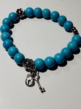 Turquoise Ceramic Beaded Charm Bracelet with Key & Lock